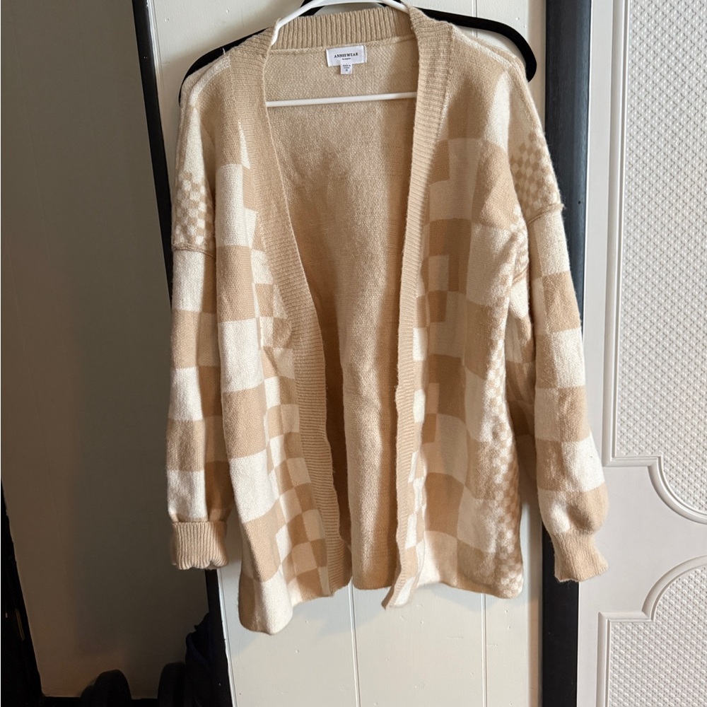 Annie Cream and Tan Checkered Cardigan